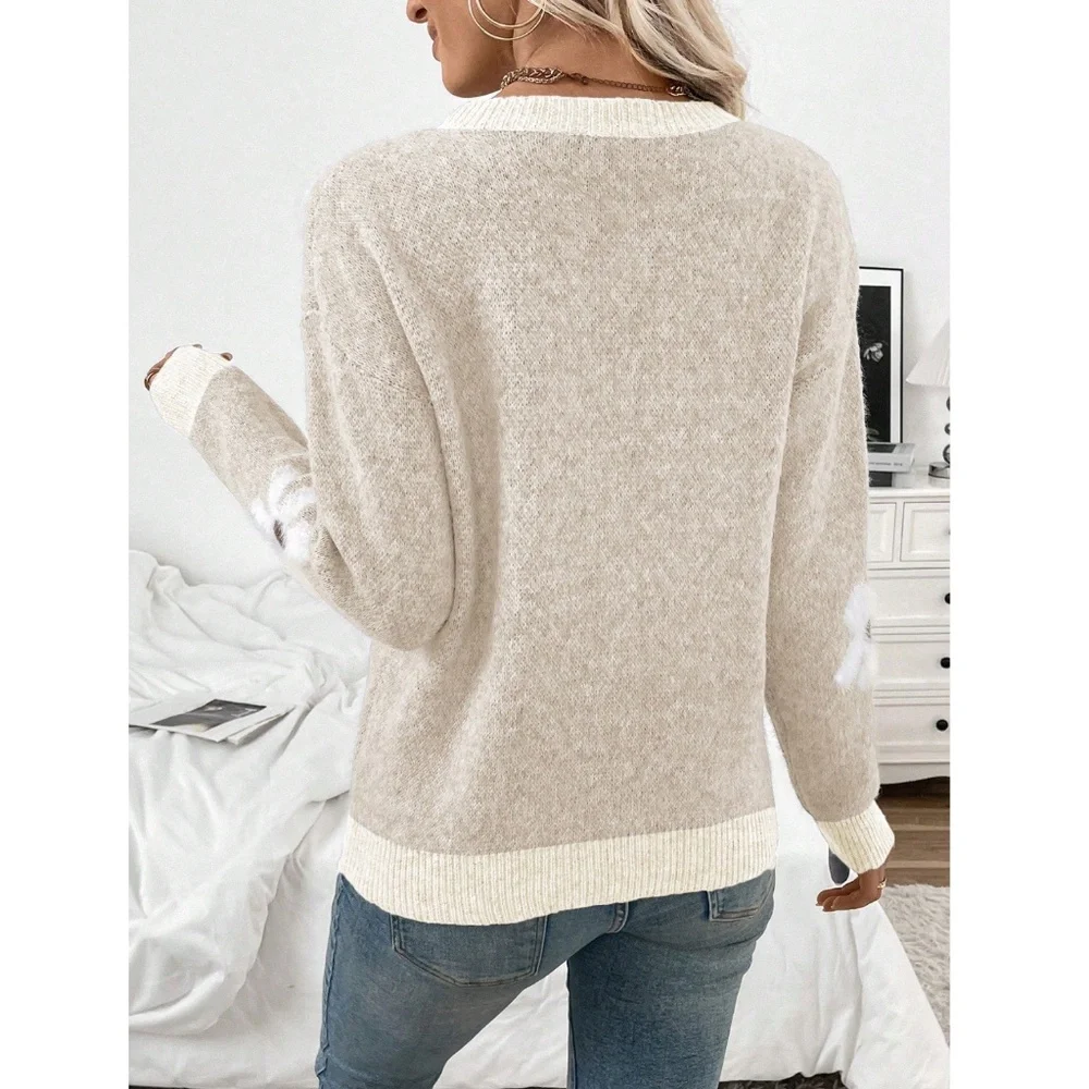 Beige Pullover Sweater Knit Flower Textured Button Front - Picture 6 of 8